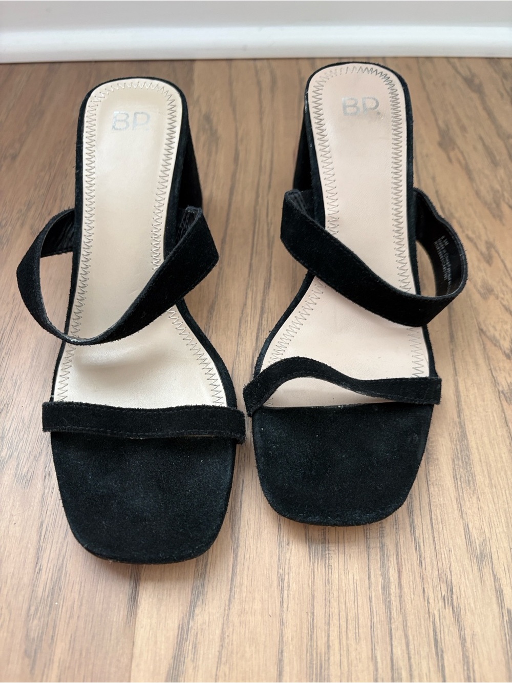 BP Black Suede Strappy Mid Block Heel Sandals